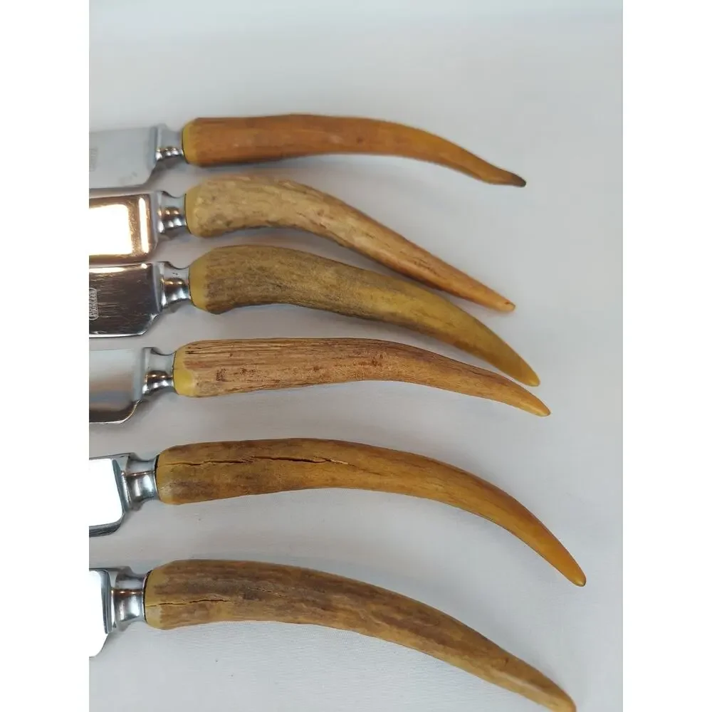 Henry Rogers Sons & Co Stainless Stag Antler Handles Vintage Steak Knife Set